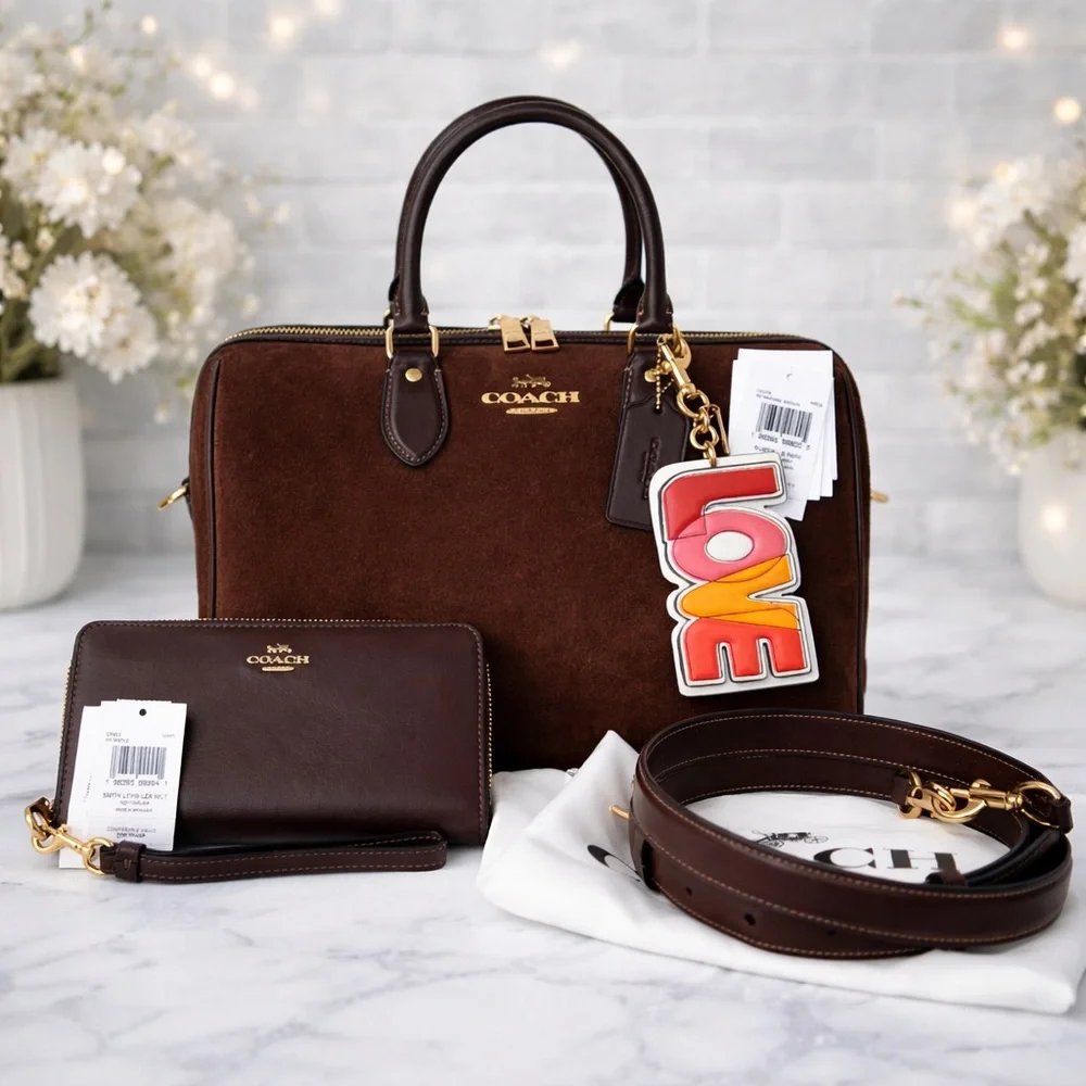 Coach Large Rowan Suede Satchel Set-Long Zip Wallet,LOVE Charm,Dust Bag,Insert
